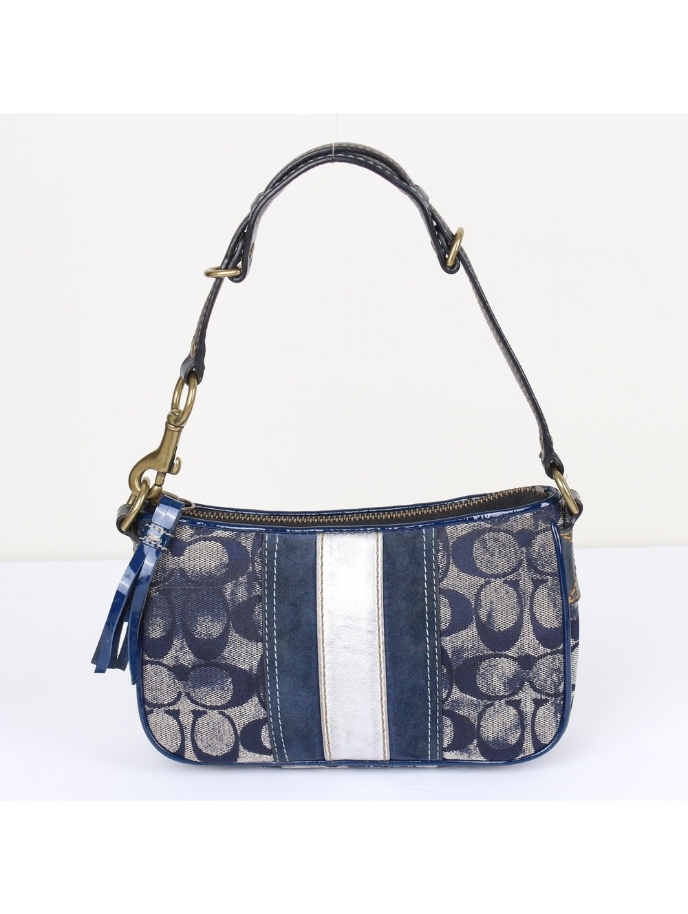 Coach Signature Denim Sufflette Demi Bag Navy Blue Stripe Tassel Baguette 2182